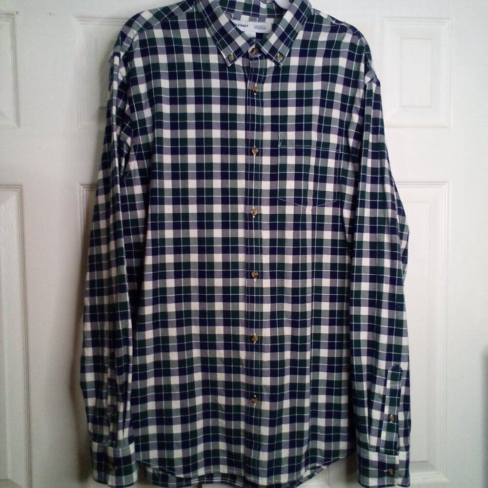 Old Navy Shirt Men XXL Tall Button Up Built In Flex Plaid Green Blue